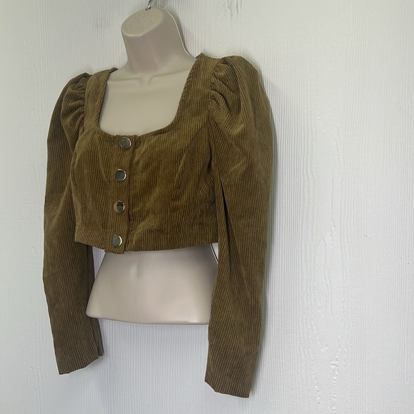 Zara - Dark Camel Corduroy Long Sleeve Large Button Crop Top Size Small - Picture 7 of 12